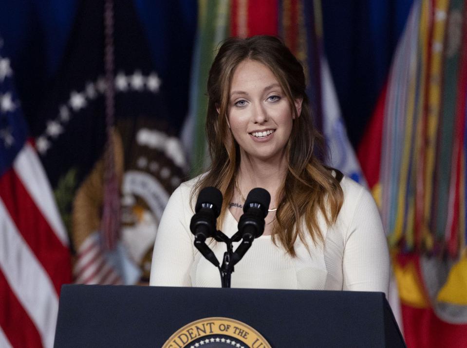 Erica Smith, a veteran of the U.S. Army diagnosed with cancer after her service, speaks prior to President Joe Biden at the George E. Wahlen Department of Veterans Affairs Medical Center in Salt Lake City on Thursday, Aug. 10, 2023. | Laura Seitz, Deseret News