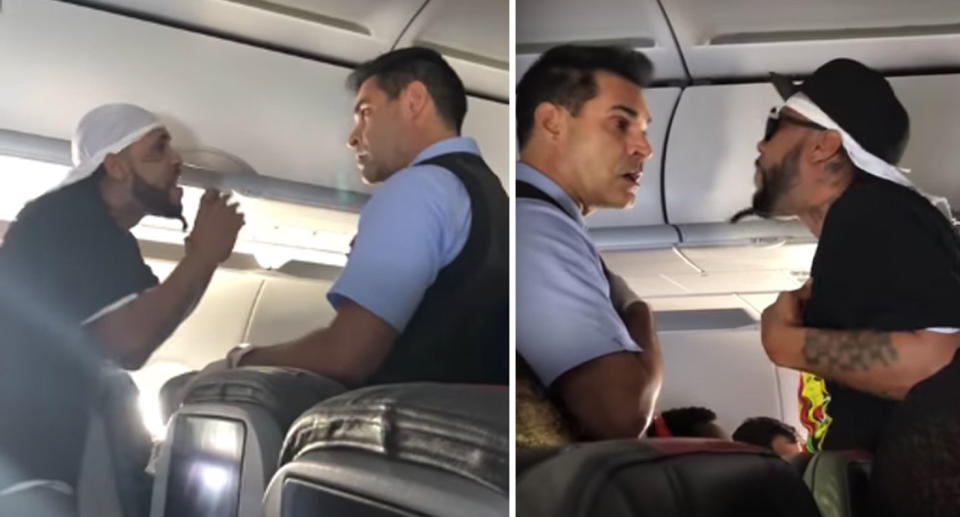 Felix can be seen arguing with flight attendants repeatedly after being refused anymore drink on the flight. Source: YouTube/ Bill Bolduc