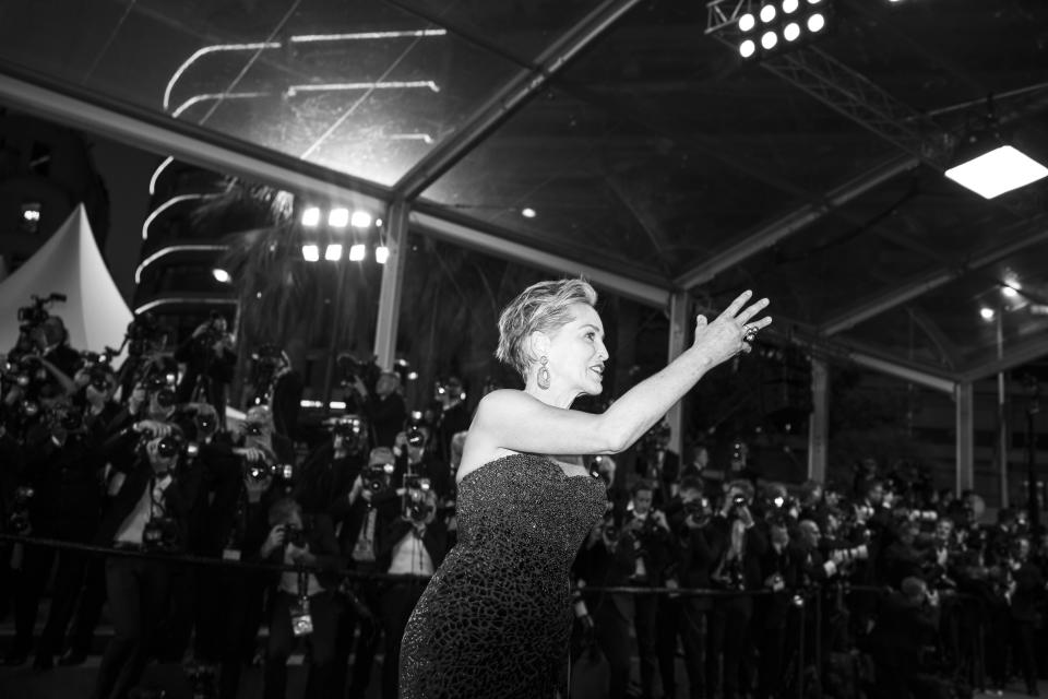 Sharon Stone poses for photographers upon arrival at the premiere of the film 'Crimes of the Future' at the 75th international film festival, Cannes, southern France, Monday, May 23, 2022. (AP Photo/Petros Giannakouris)