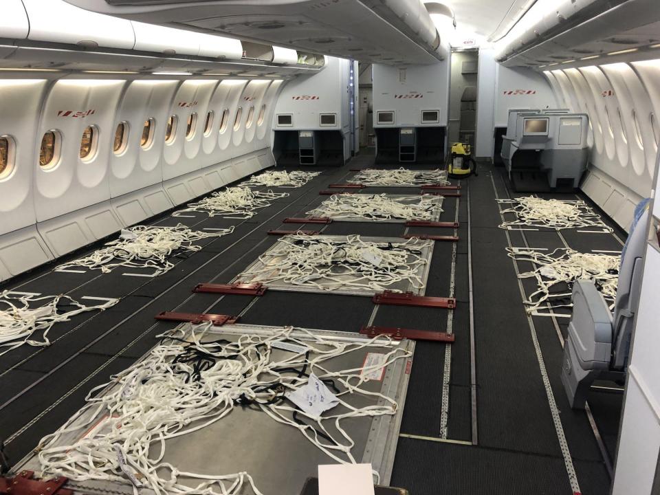 Inside Finnair's "temporary cargo cabin."