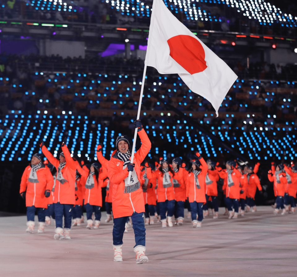 <p>Noriaki Kasai carries the flag of Japan during the opening ceremony of the 2018 Winter Olympics in Pyeongchang, South Korea, Friday, Feb. 9, 2018. (AP Photo/Petr David Josek) </p>