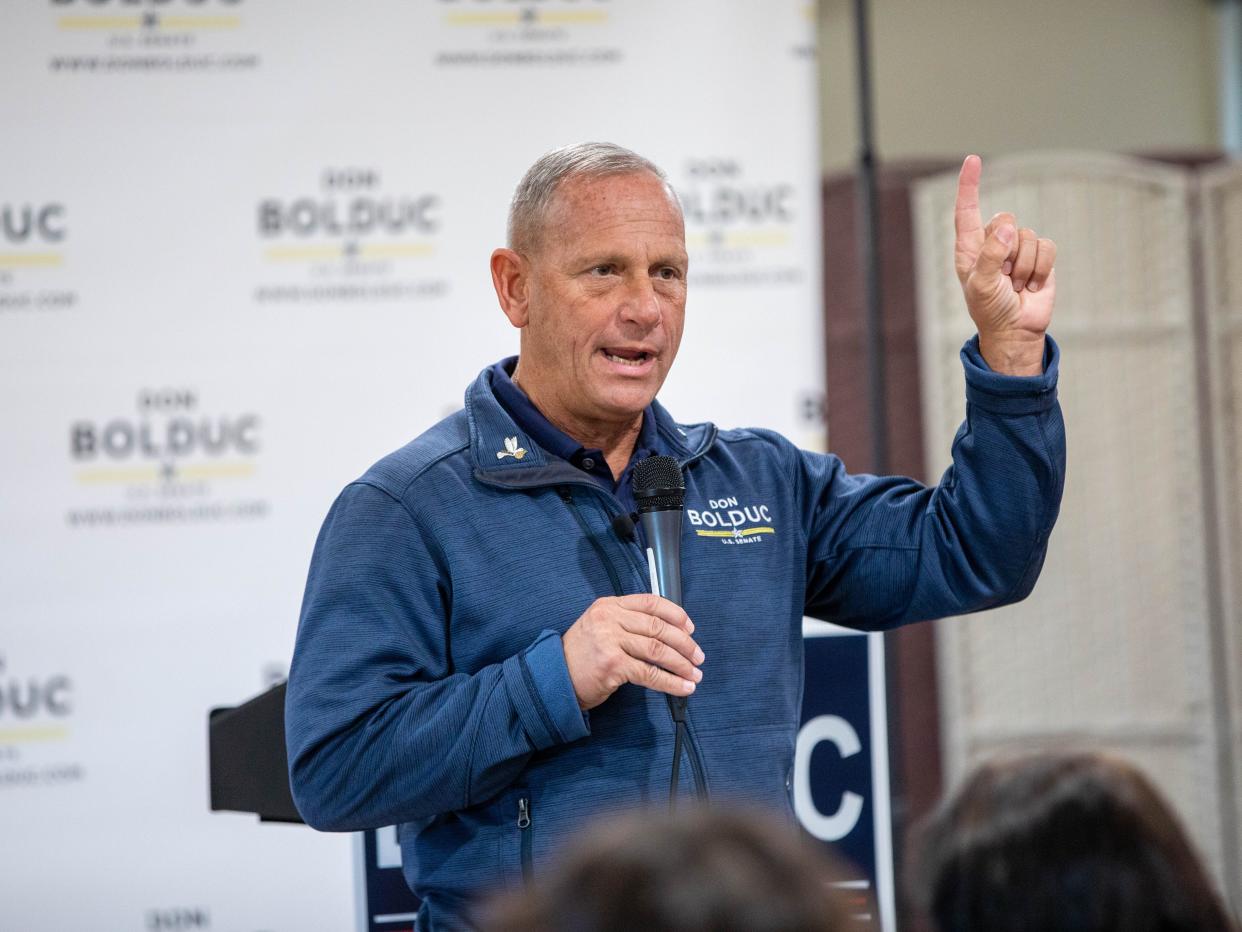 Republican senate nominee Don Bolduc speaks during a campaign event on October 15, 2022 in Derry, New Hampshire.