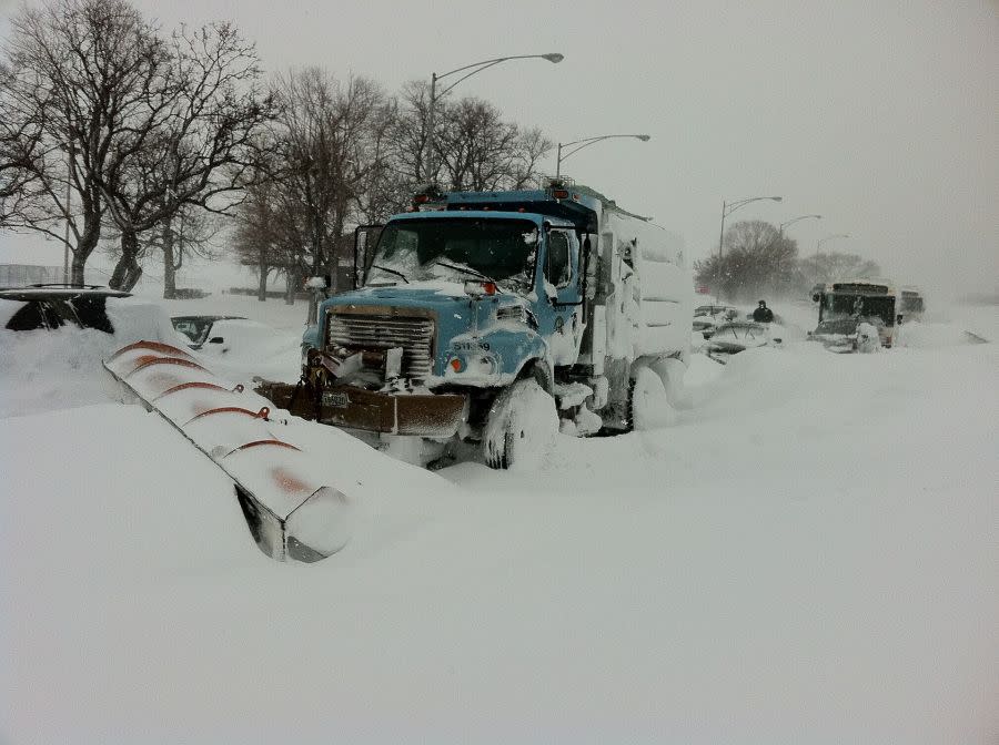 Snowplows were stranded on Lakeshore Drive in downtown Chicago