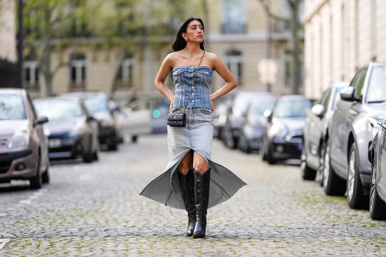 Denim outfit seen at Paris Fashion Week.
