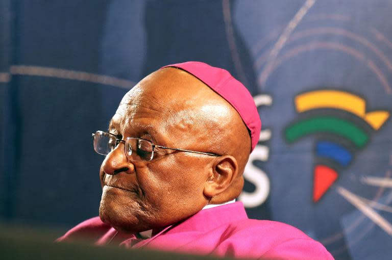 South Africa's Archbishop Desmond Tutu pauses for a moment during a media briefing on December 6, 2013 in Cape Town, a day after the death Nelson Mandela