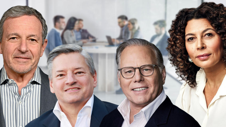 (L-R) Bob Iger, Ted Sarandos, David Zaslav and Donna Langley