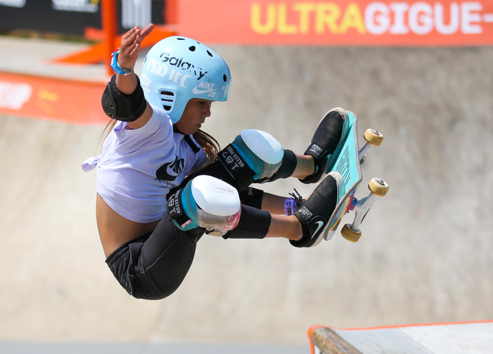 SAO PAULO, BRAZIL - SEPTEMBER 14: Sky Brown of Great Brittan in action during the Semi-finals  during the World Skate Park Skateboarding World Championship at Parque Candido Portinari on September 14, 2019 in Sao Paulo, Brazil. (Photo by Alexandre Schneider/Getty Images)