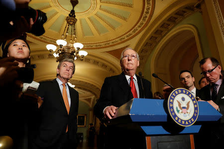 Senate Majority Leader Mitch McConnell, accompanied by Sen. Roy Blunt (R-MO), speaks with reporters following the party luncheons on Capitol Hill in Washington, U.S. November 14, 2017. REUTERS/Aaron P. Bernstein