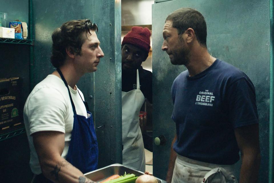 THE BEAR -- Pictured: (l-r) Jeremy Allen White as Carmen 'Carmy' Berzatto, Lionel Boyce as Marcus, Ebon Moss-Bachrach as Richard 'Richie' Jerimovich.