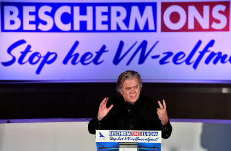 Steve Bannon delivers a speech during a meeting to discuss the Marrakesh Treaty in Brussels, Belgium, December 8, 2018. REUTERS/Eric Vidal