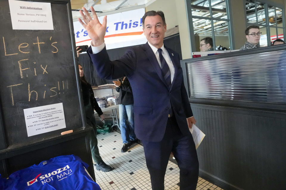 Former U.S. Rep. Tom Suozzi arrives at a campaign canvass kick off event, Sunday, Feb. 11, 2024, in Plainview N.Y. The race to replace disgraced former Rep. George Santos pits Democrat congressional candidate Suozzi against Republican Mazi Pilip in New York's 3rd district. (AP Photo/Mary Altaffer)