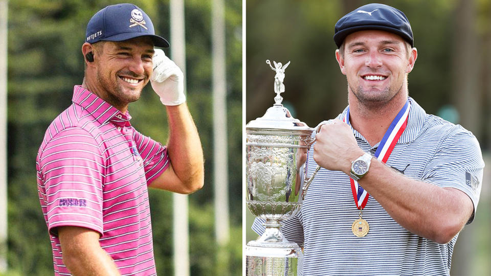 Bryson DeChambeau smiles during LIV Golf event and DeChambeau holds up the US Open trophy.