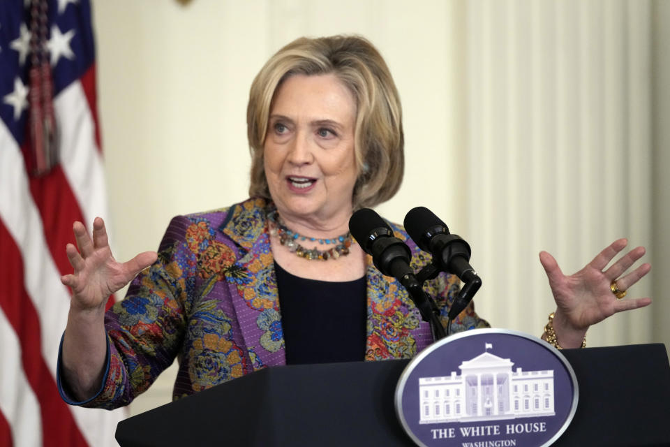 Former Secretary of State Hillary Clinton speaks during an event with first lady Jill Biden to celebrate the 2023 Praemium Imperiale Laureates, a global arts prize awarded annually by the Japan Art Association for lifetime achievement in the arts, in the East Room of the White House, Tuesday, Sept. 12, 2023, in Washington. (AP Photo/Alex Brandon)