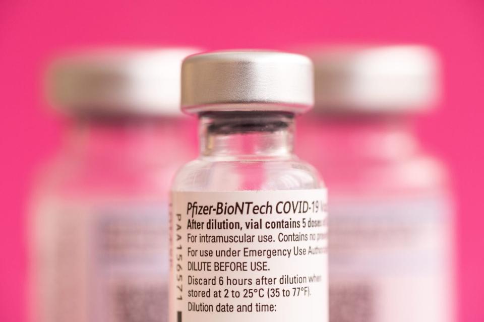 MADRID, SPAIN - 2021/07/21: In this photo illustration vials of Pfizer BioNTech vaccine for coronavirus treatment. Spain has exceeded 50% of the population vaccinated with the full schedule against COVID-19. (Photo Illustration by Marcos del Mazo/LightRocket via Getty Images)