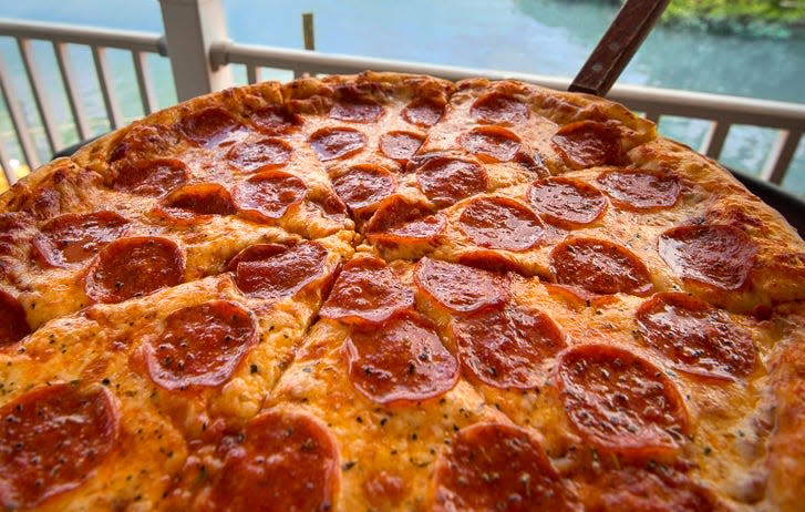 Dave's Dockside Pizza is a popular order at Petey's Upper Deck at Matanzas on the Bay.