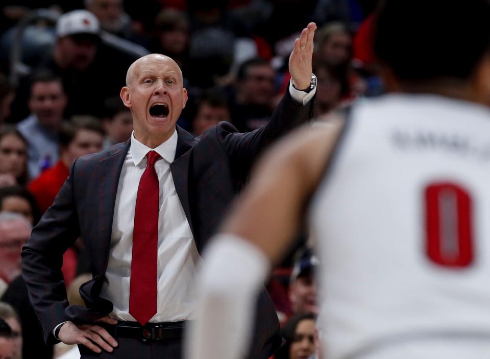 Louisville's Chris Mack coaches his team against North Carolina on Feb. 22, 2020.