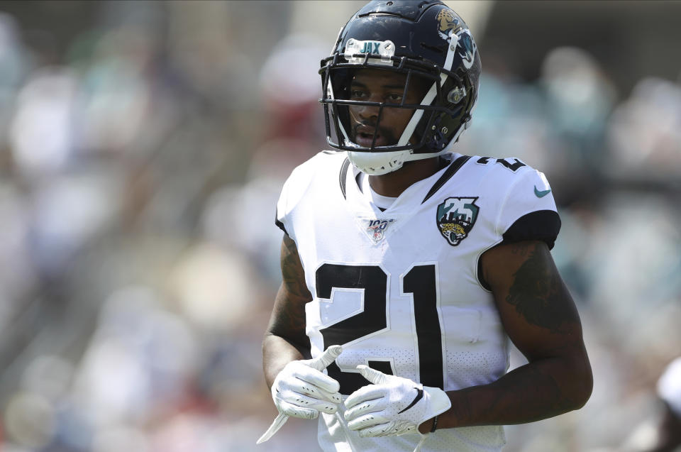 FILE - In this Sunday, Sept. 8, 2019 file photo,Jacksonville Jaguars cornerback A.J. Bouye (21) on the field during an NFL football game against the Kansas City Chiefs in Jacksonville, Fla. Newly acquired cornerback A.J. Bouye learned quite a bit from Chris Harris Jr. He will now be stepping in for the Denver Broncos defensive back. Bouye was acquired in a recent deal with Jacksonville. (AP Photo/Perry Knotts, File)