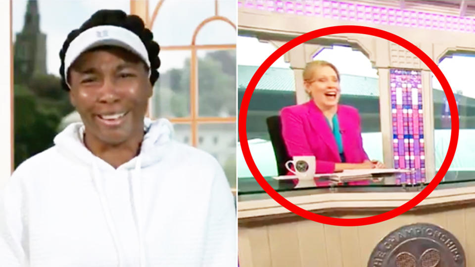 Venus Williams (pictured left) laughing after she was asked about her 'love life' in an interview on ESPN (pictured right).