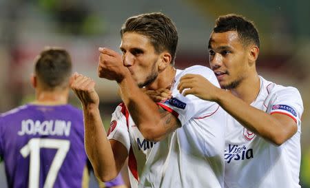 Football - Fiorentina v Sevilla - UEFA Europa League Semi Final Second Leg - Artemio Franchi Stadium, Florence, Italy - 14/5/15 Daniel Carrico celebrates after scoring the second goal for Sevilla Reuters / Giampiero Sposito