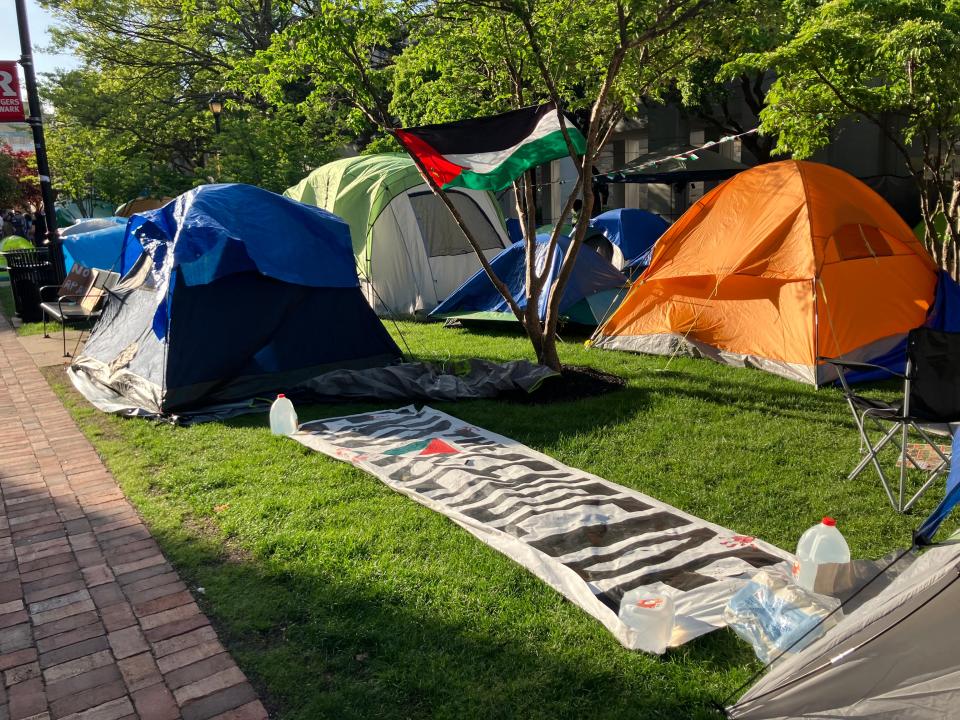 Members of an encampment at Rutgers University’s Newark campus say they will camp out until their school divests. May 7, 2024.