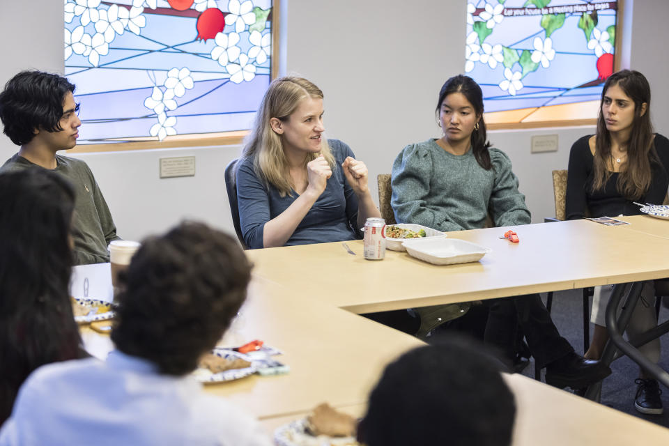 Frances Haugen, a data scientist who came forward as a whistleblower against her employer Facebook disclosing tens of thousands of the company's documents in 2021, spoke to students at Stanford University, March 3, 2022.<span class="copyright">Carlos Avila Gonzalez—The San Francisco Chronicle/Getty Images</span>