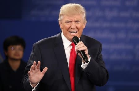 Republican U.S. presidential nominee Donald Trump speaks during the presidential town hall debate with Democratic U.S. presidential nominee Hillary Clinton (not pictured) at Washington University in St. Louis, Missouri, U.S., October 9, 2016. REUTERS/Lucy Nicholson