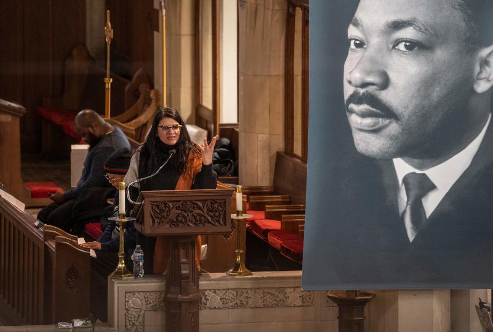 U.S. Rep. Rashida Tlaib, D-Detroit, speaks to a crowd during the 21st Detroit Martin Luther King Jr. Day rally and march at St. Matthew's & St. Joseph's Episcopal Church in Detroit on Monday, Jan. 15, 2024.