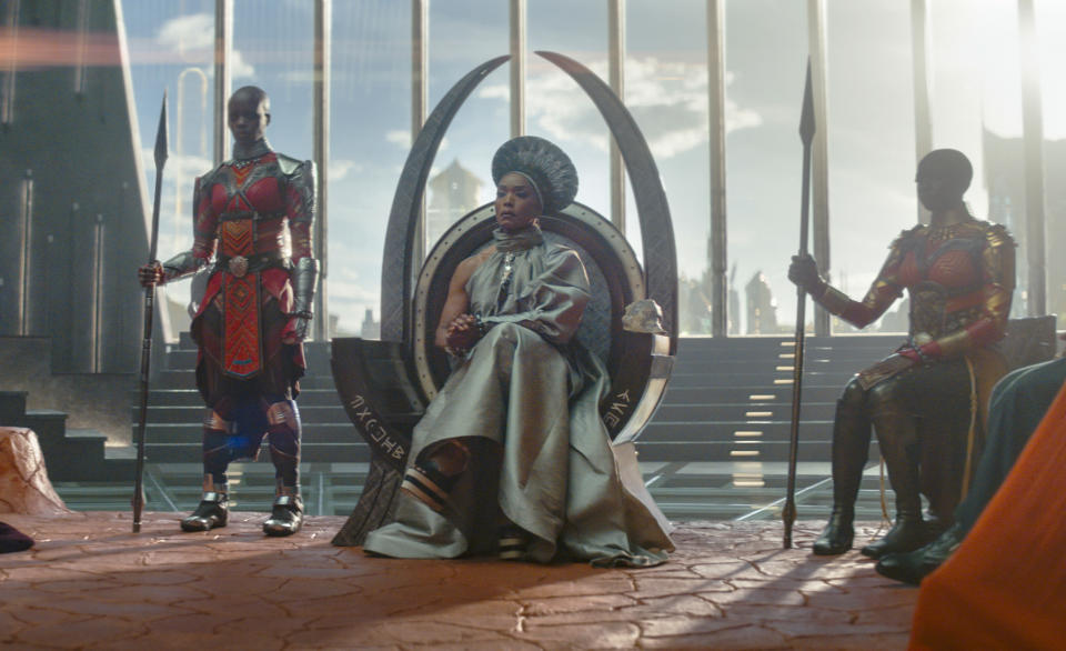 This image released by Marvel Studios shows, from left, Dorothy Steel as Merchant Tribe Elder, Florence Kasumba as Ayo, Angela Bassett as Ramonda, and Danai Gurira as Okoye in a scene from "Black Panther: Wakanda Forever." (Marvel Studios via AP)