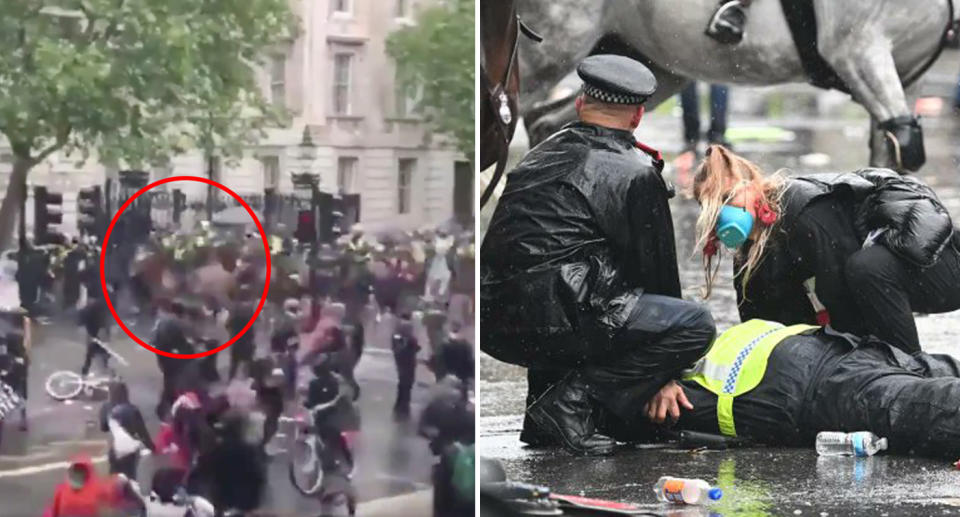 The horse is believe to have become spooked as protesters threw things at police.Source: Twitter/Ian Miles