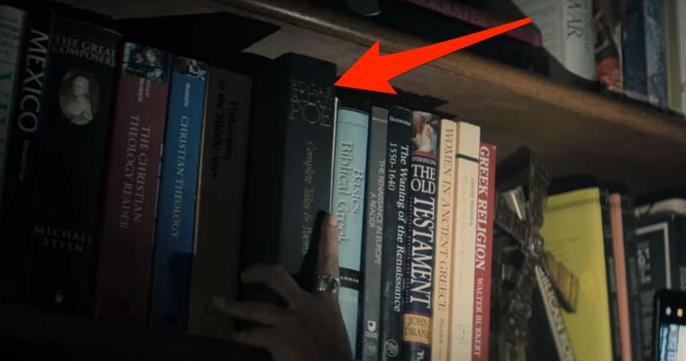 joe bookshelf with edgar allan poe book arrow drawn to it