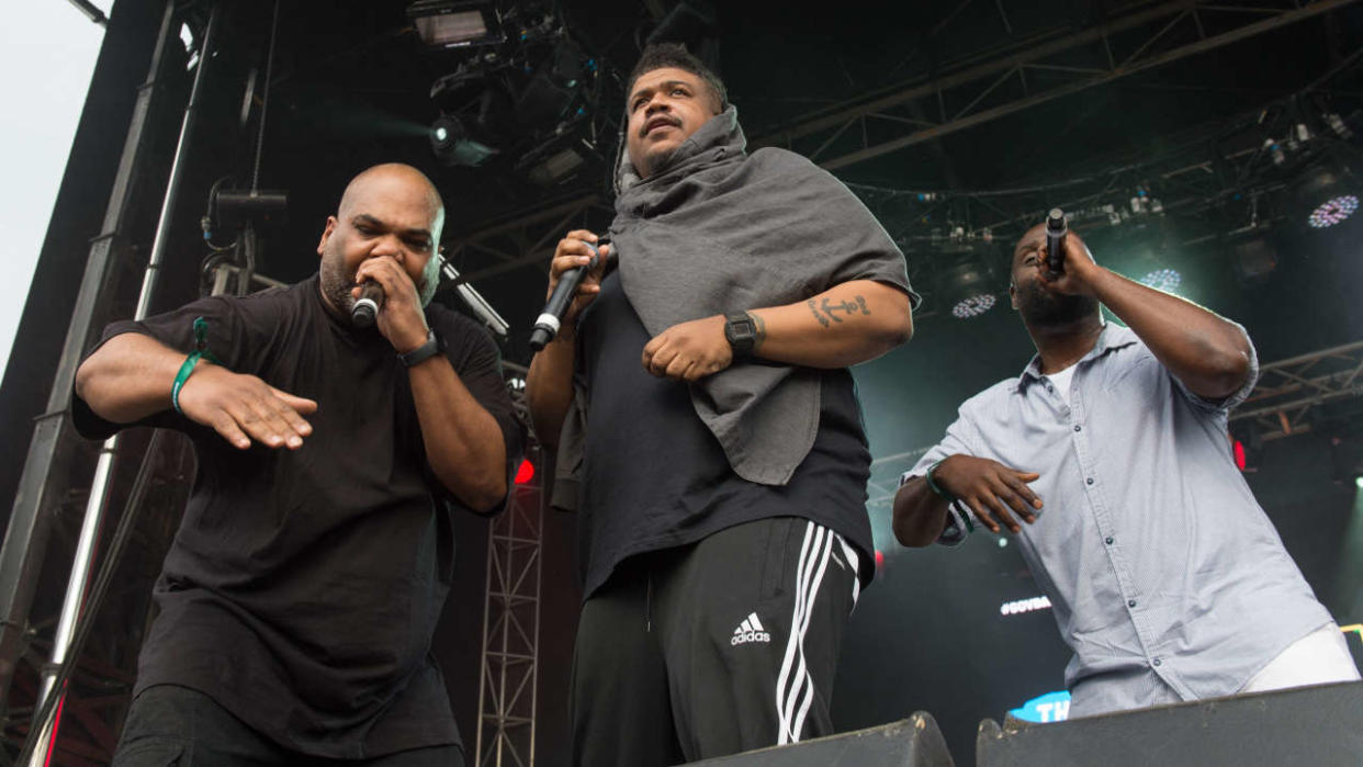 (FILES) In this file photo taken on June ,4, 2016 De La Soul rap group members Vincent Mason (L), aka Maseo, Dave Jude Jolicoeur (C) and Kelvin Mercer, aka Posdnus, perform at the Governors Ball Music Festival, in New York. - De La Soul will finally release its first six albums on streaming platforms on March 3, 2023, and the 1989 track 