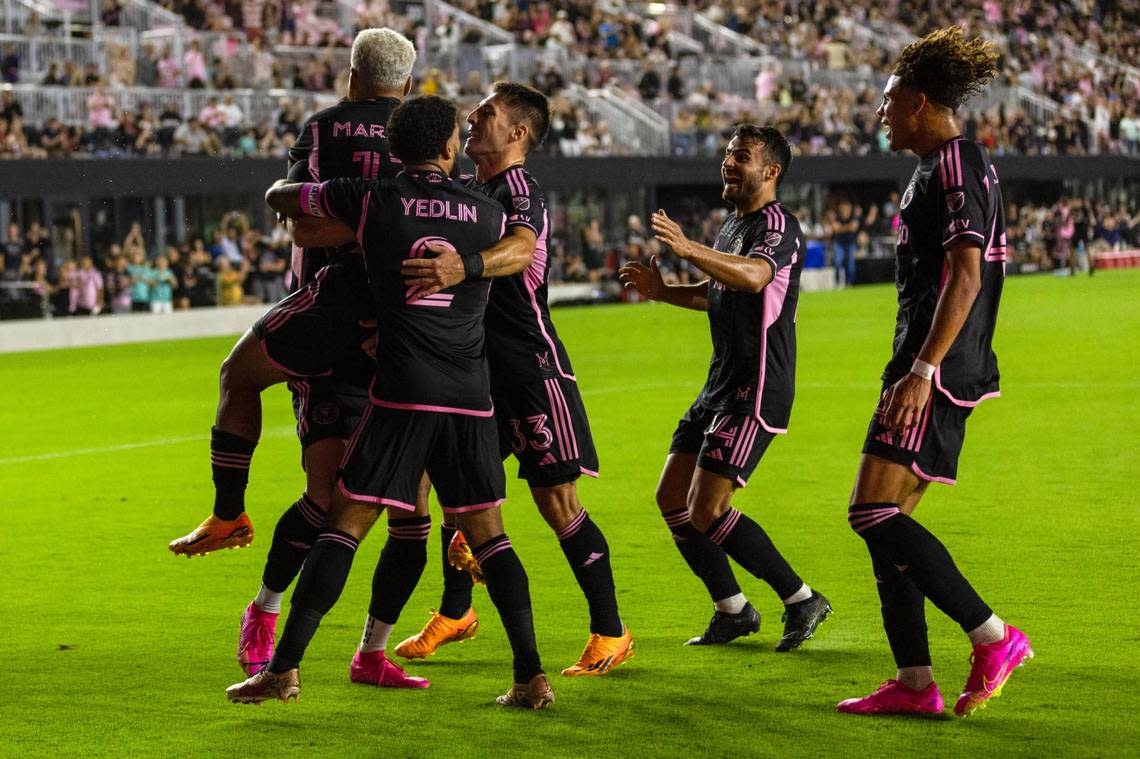 Inter Miami CF forward Josef Martínez (17) reacts to scoring a penalty kick with teammates during the second half of an MLS game against Atlanta United at DRV PNK Stadium in Fort Lauderdale, Florida, on Saturday, May 6, 2023. D.A. Varela/dvarela@miamiherald.com