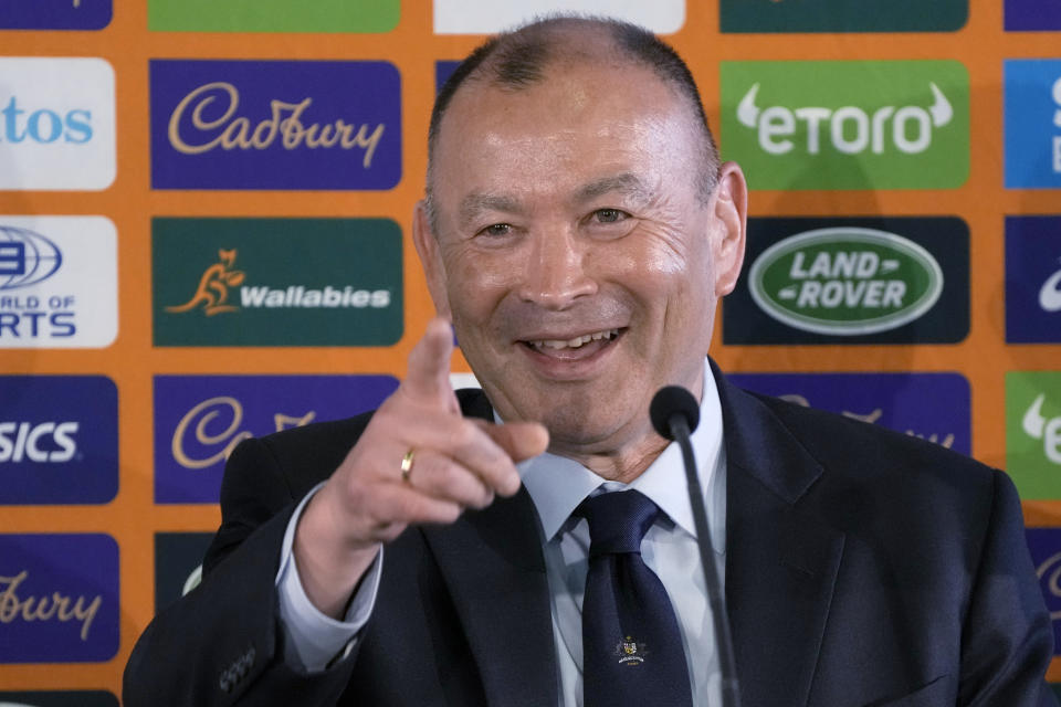 Australian rugby union head coach Eddie Jones attends a press conference at Matraville Sports High School in Sydney, Tuesday, Jan. 31, 2023. Jones, who was named as new coach of the Australian rugby team on Jan. 16, faced the media on Tuesday in his first appearance since returning to the Wallabies. He will lead the team at the Rugby World Cup later this year in France. (AP Photo/Rick Rycroft)