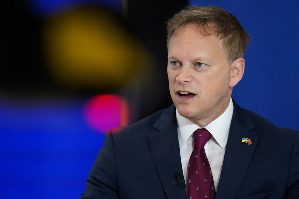 MANCHESTER, ENGLAND - OCTOBER 04: Grant Shapps, Secretary of State for Defence speaks to the media on the final day of the Conservative Party Conference on October 04, 2023 in Manchester, England. Rishi Sunak delivers his first speech as Conservative Party Leader to members and delegates today. He is expected to announce the scrapping of the Manchester leg of the HS2 rail link and suggests alternatives.  (Photo by Ian Forsyth/Getty Images)