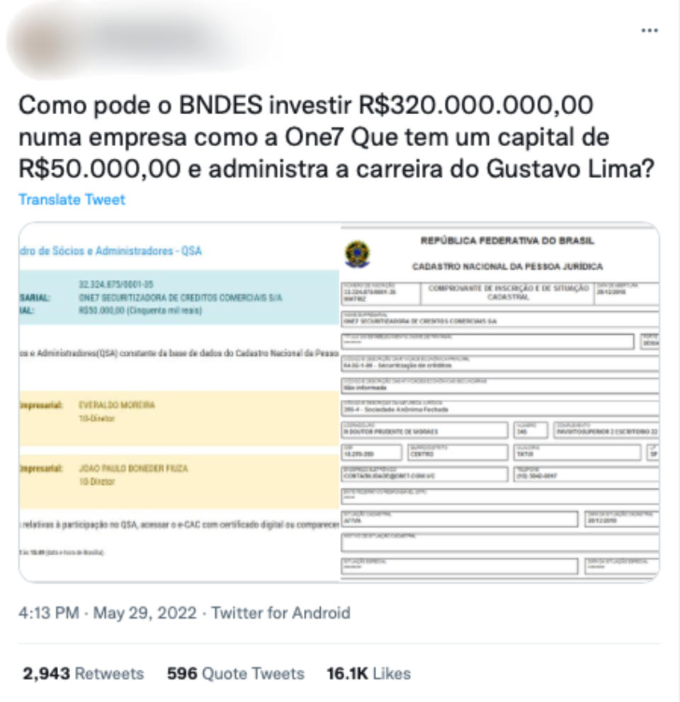 Captura de tela de publicação falsa, afirmando que empresa One7 teria recebido R$ 320 milhões do BNDES e administraria carreira de Gusttavo Lima (Foto: Reprodução / Twitter)