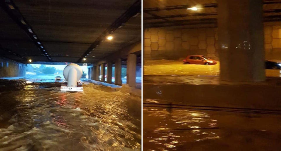 Drivers still wading through the flooded M1 near Movie World, at Helensvale on the Gold Coast. Source: Facebook/Rebecca Heywood