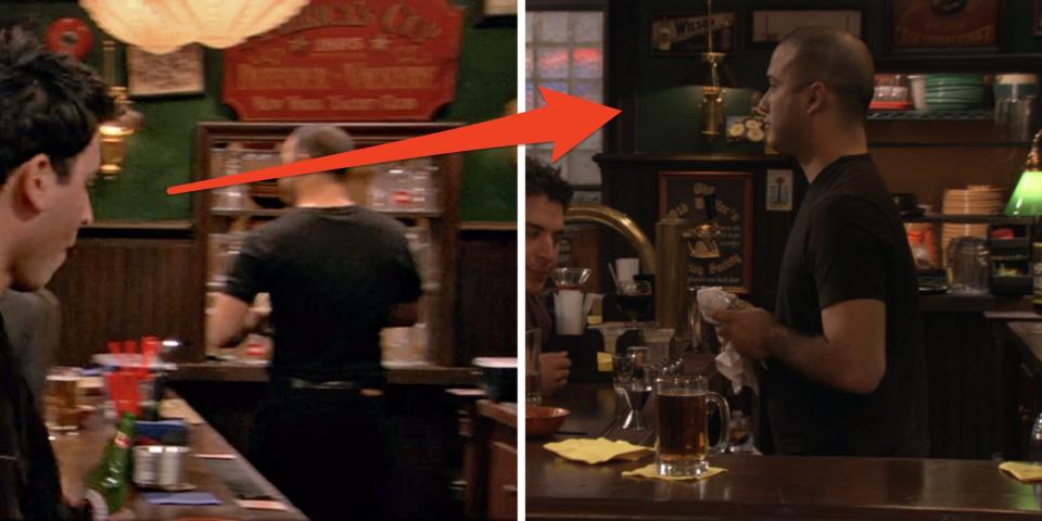 two scenes inside MacLaren's Pub on how i met your mother with an arrow pointing to differences