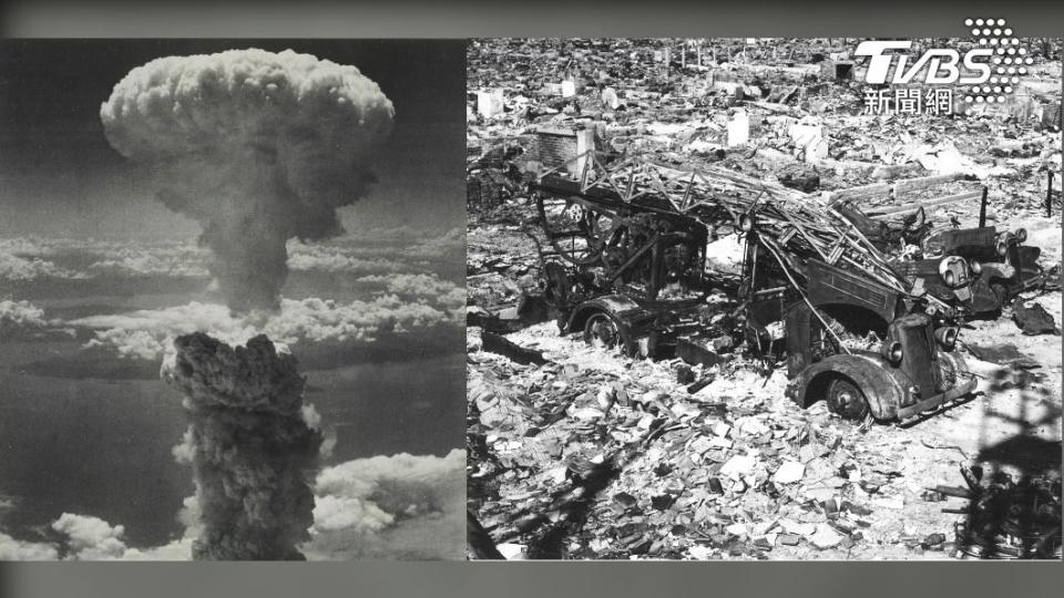 二戰末期，投在長崎的「胖子原子彈」（Fat Man）爆炸時在上空產生巨大的蕈狀雲，城鎮被破壞成一片瓦礫堆。（圖／達志影像路透社）