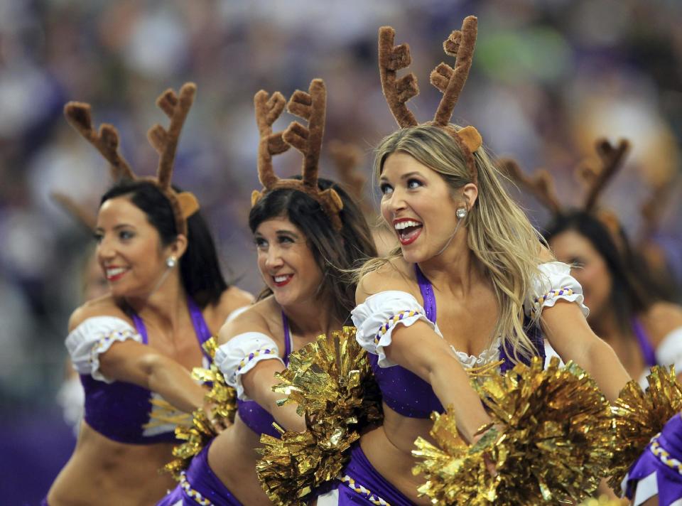 <p>Minnesota Vikings cheerleaders perform during the second half of an NFL football game between the Indianapolis Colts and the Minnesota Vikings Sunday, Dec. 18, 2016, in Minneapolis. (AP Photo/Andy Clayton-King) </p>