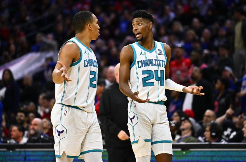 Charlotte Hornets forward Brandon Miller (24) reacts after committing a flagrant foul against Philadelphia 76ers guard Tyrese Maxey (0) in the second quarter at Wells Fargo Center on Saturday night.