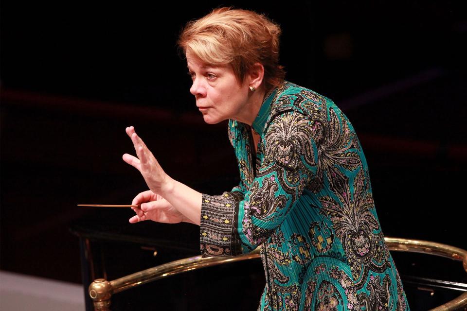 American conductor Marin Alsop leads the Sao Paulo Symphony Orchestra performing works by Dvorak, Copland, Joan Tower, Ginastera and Villa-Lobos during the rehearsal for Prom 45 of the BBC Proms at Royal Albert Hall on August 15, 2012 in London, United Kingdom.