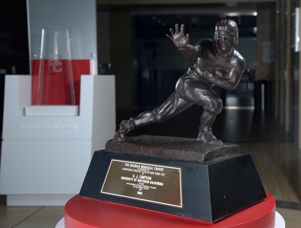 General view of the 1968 Heisman Trophy won by Southern California Trojans tailback O.J. Simpson at Heritage Hall, Dec. 30, 2014, in Los Angeles.