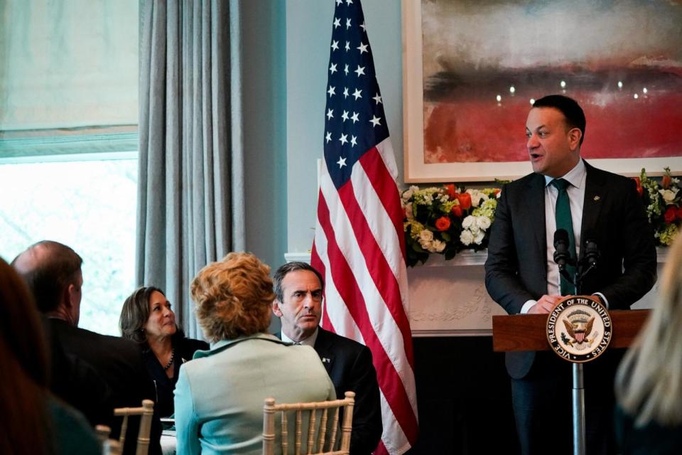 PHOTO: Irish Taoiseach (Prime Minister) Leo Varadkar speaks during a breakfast hosted by U.S. Vice President Kamala Harris at the vice president's residence at the U.S. Naval Observatory, March 15, 2024, in Washington. (Elizabeth Frantz/Reuters)