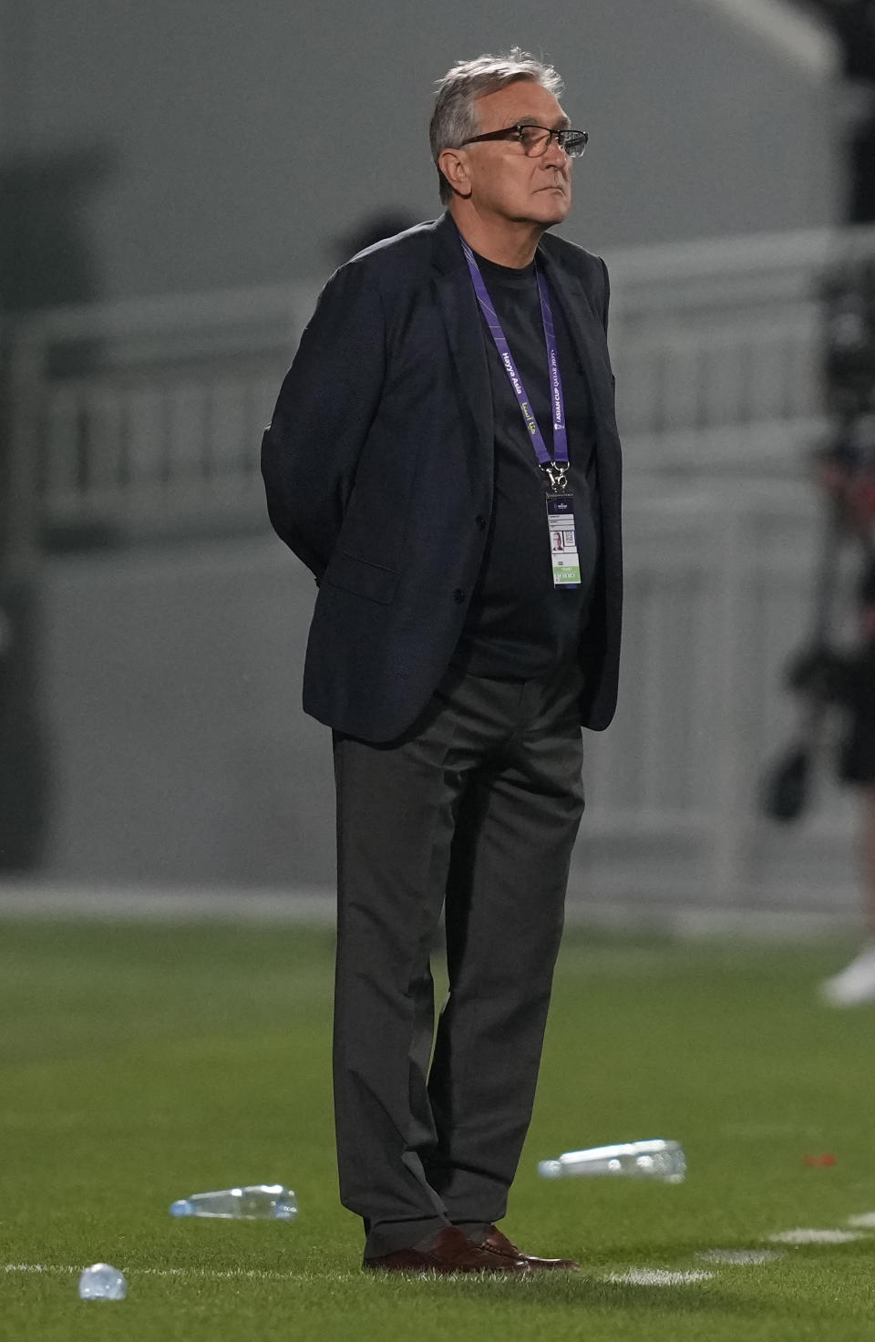 Oman's head coach Branko Ivankovic stands during the Asian Cup Group F soccer match between Thailand and Oman at Abdullah Bin Khalifa Stadium in Doha, Qatar, Sunday, Jan. 21, 2024. (AP Photo/Thanassis Stavrakis)