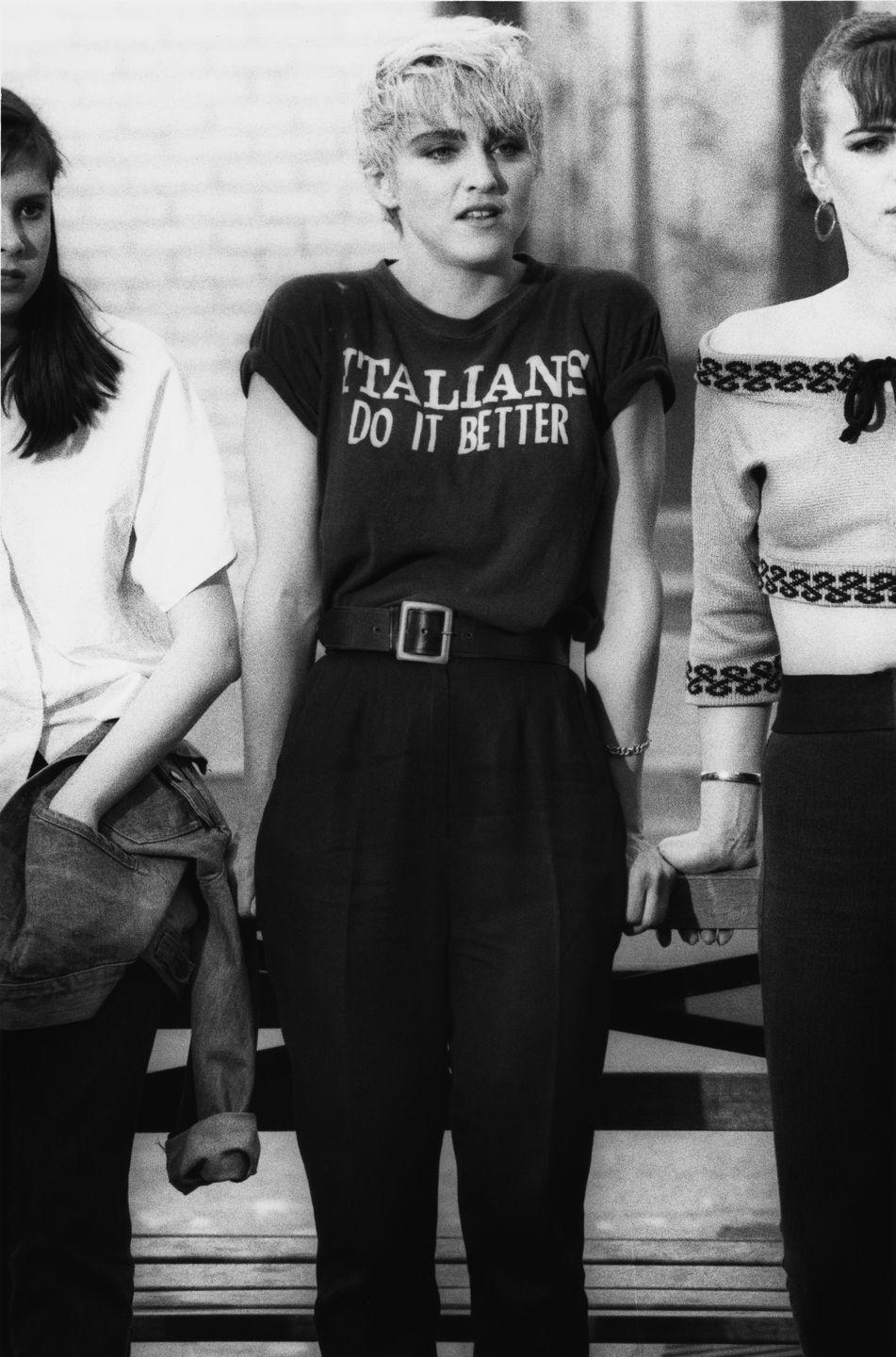 american singer and actress madonna filming the video for her song papa dont preach in new york city, 1986 the video is being directed by james foley madonna is wearing a t shirt with the slogan italians do it better photo by vinnie zuffantemichael ochs archivesgetty images