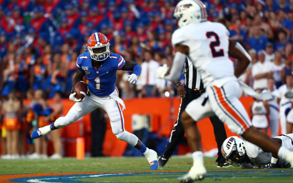 Sep 7, 2019; Gainesville, FL, USA; Florida Gators wide receiver Kadarius Toney (1) runs with the ball as Tennessee Martin Skyhawks defensive back DaVonte Maura (2) defends during the first quarter at Ben Hill Griffin Stadium. Mandatory Credit: Kim Klement-USA TODAY Sports