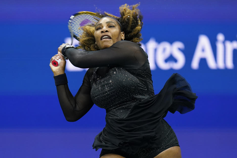 Serena Williams, of the United States, returns a shot to Anett Kontaveit, of Estonia, during the second round of the U.S. Open tennis championships, Wednesday, Aug. 31, 2022, in New York. (AP Photo/Seth Wenig)