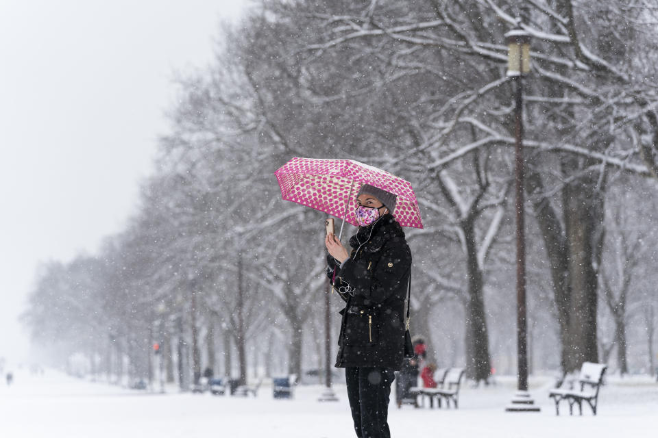 Paulina Lozano speaks with her parents by phone, as snow falls on the National Mall, Sunday, Jan. 31, 2021, in Washington. (AP Photo/Alex Brandon)