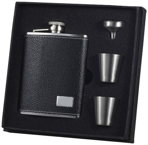 Visol"Eclipse S" Leather Deluxe Flask Gift Set, 6-Ounce, Black