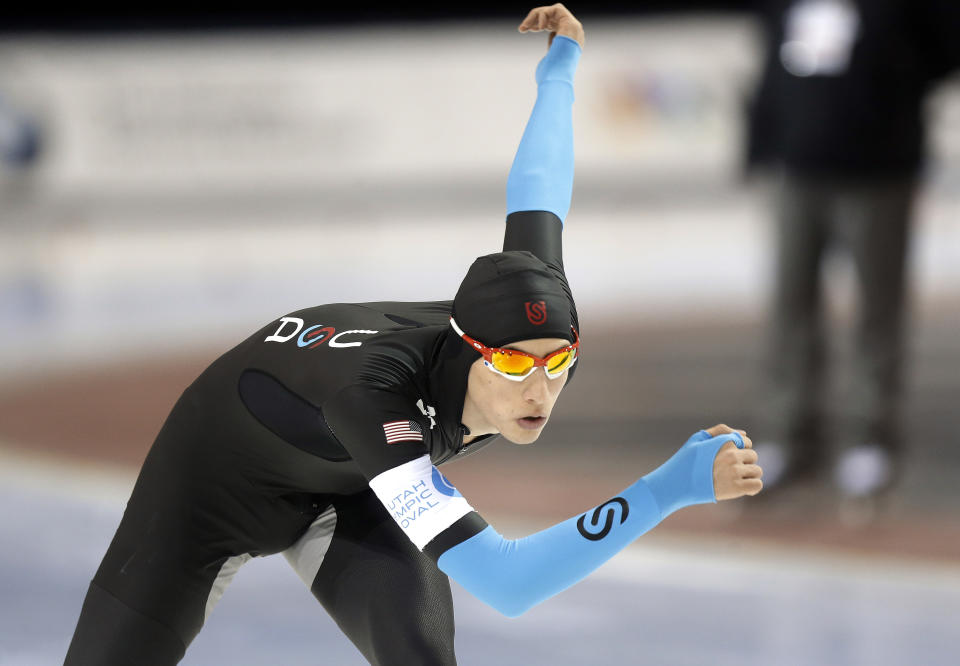 Emery Lehman competes in the men's 10,000 meters during the U.S. Olympic speedskating trials Wednesday, Jan. 1, 2014, in Kearns, Utah. Lehman came in first place. (AP Photo/Rick Bowmer)